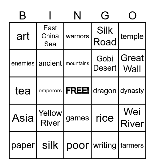 Ancient China Bingo Card
