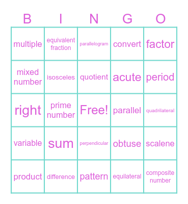 Coral Reef Math Vocabulary Bingo Card