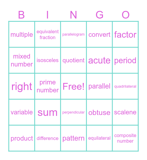 Coral Reef Math Vocabulary Bingo Card