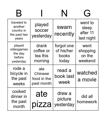Simple Past Bingo Card