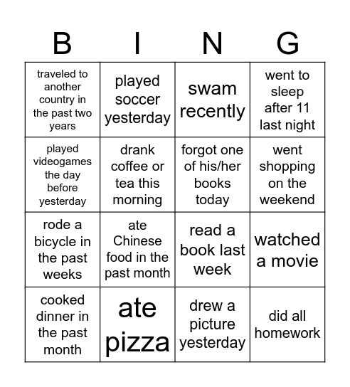 Simple Past Bingo Card