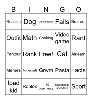 Shorts Bingo Card
