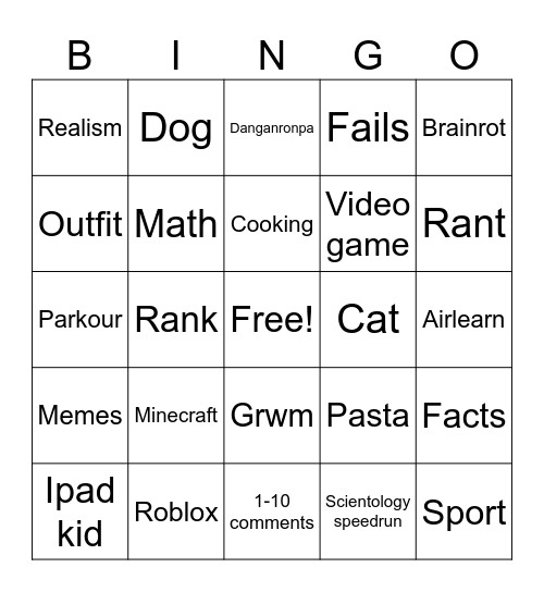 Shorts Bingo Card