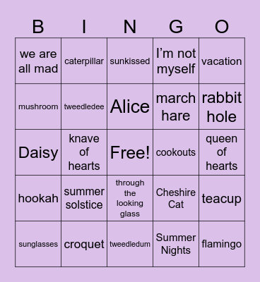Alice in Summerland Bingo Card