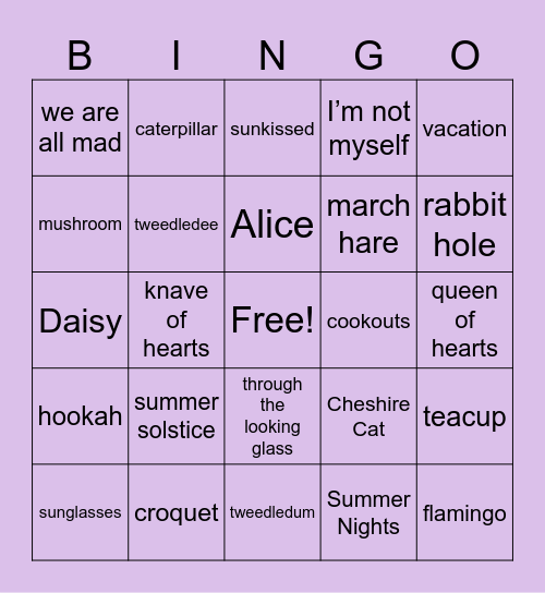 Alice in Summerland Bingo Card