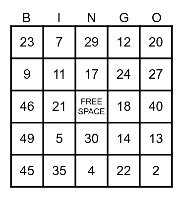 1-50 numeros Bingo Card