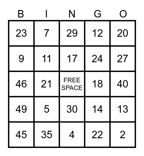 1-50 numeros Bingo Card