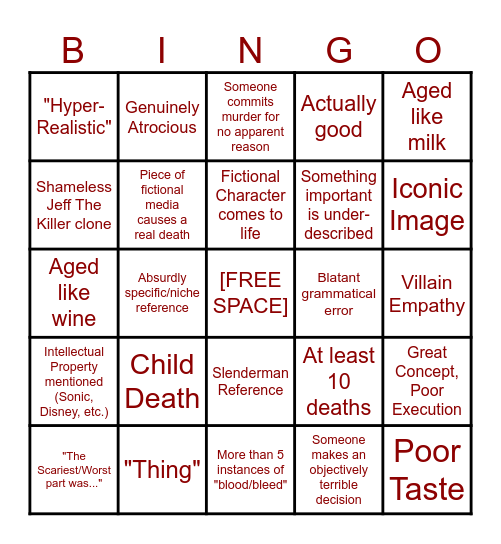 Creepypasta Bingo Card