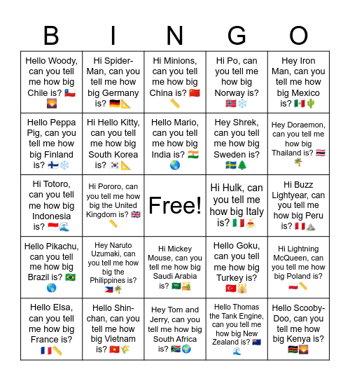 B11 L11 Hi Hello Kitty, can you tell me how big South Korea is? 🇰🇷📐 Bingo Card