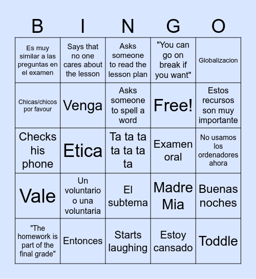 Spanish Bingo Card