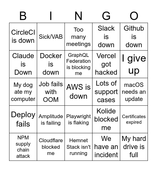"Sorry, I can't work because..." Bingo Card