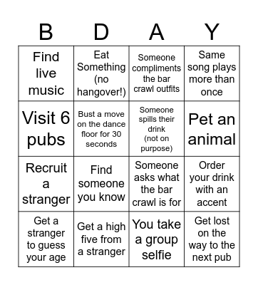 Bar Crawl Bingo Card