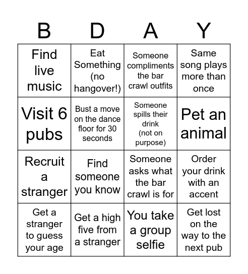 Bar Crawl Bingo Card