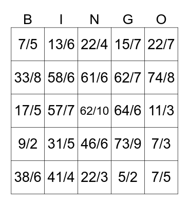 Mixed Number/Improper Fractions Bingo Card