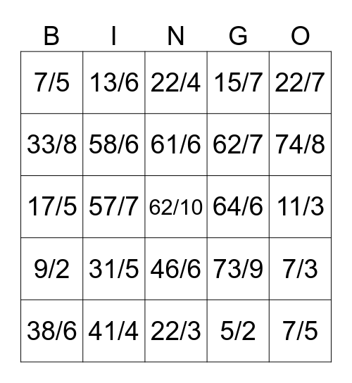 Mixed Number/Improper Fractions Bingo Card