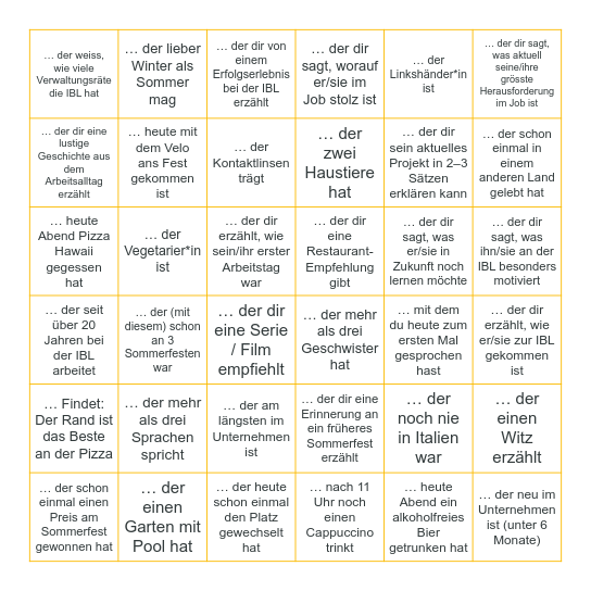 Finde jemanden, Bingo Card