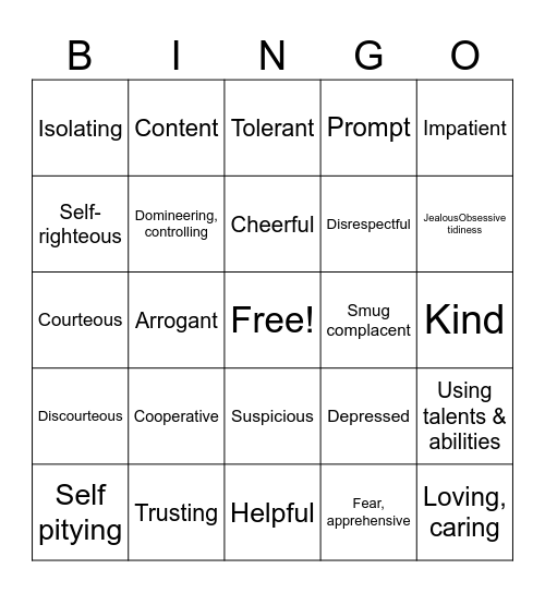 Character Traits Bingo Card