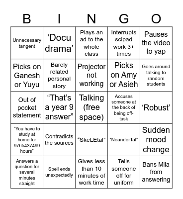 Mrs. Inglis Bingo Card