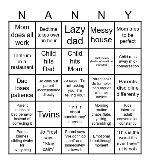 SUPERNANNY Bingo Card