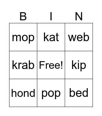 woorden met:  b - p  of t - d Bingo Card