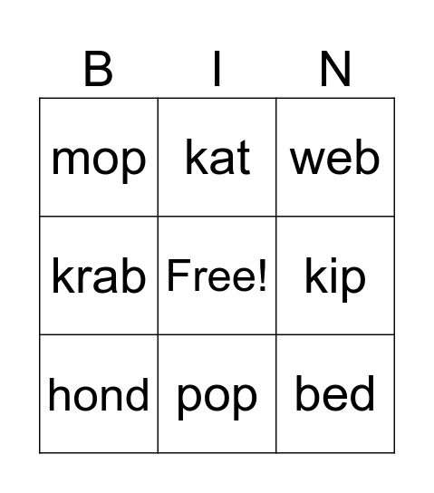 woorden met:  b - p  of t - d Bingo Card