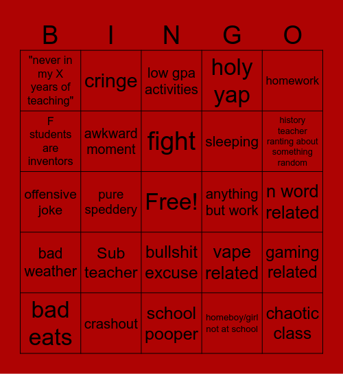 school bingo Card