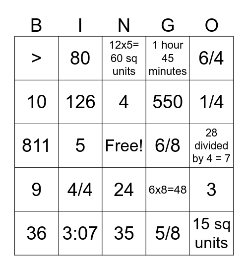 Math Review Bingo Card