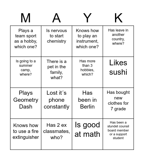 MAYK BINGO Card