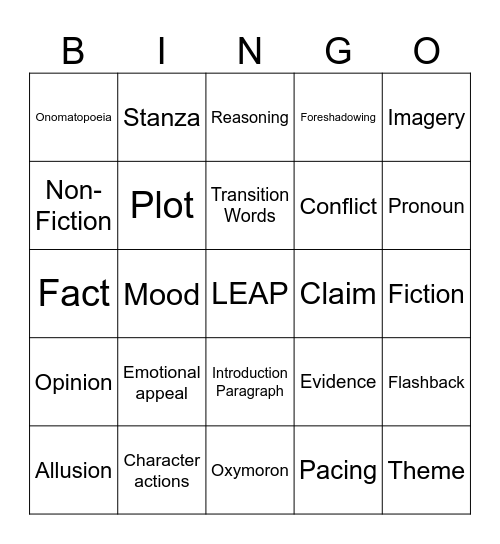 Literary Bingo Card