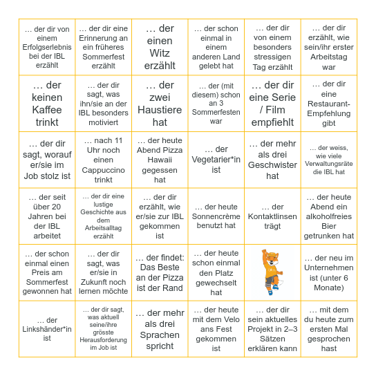 Finde jemanden, Bingo Card