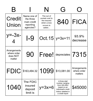 Semester Bingo Card