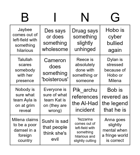 OCE Clocktower Bingo Card