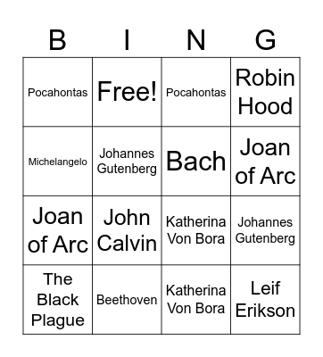 Faces of History Bingo Card