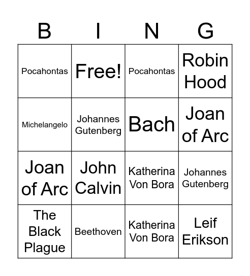 Faces of History Bingo Card