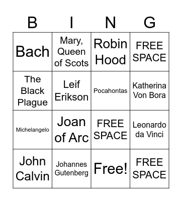 Faces of History Bingo Card