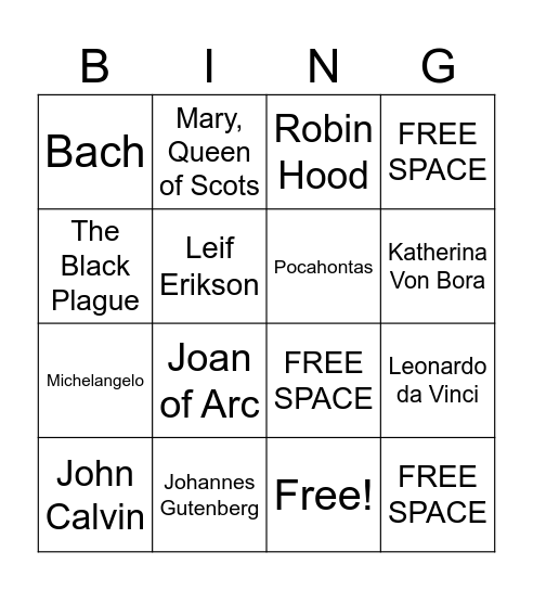 Faces of History Bingo Card