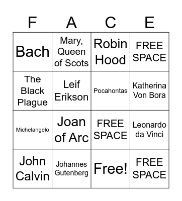 Faces of History Bingo Card