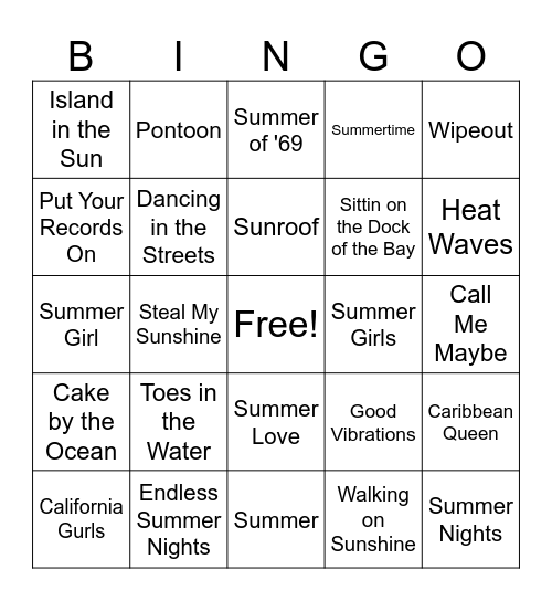Songs of Summer Bingo Card