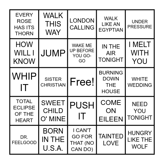 HITS FROM THE 80s #1 Bingo Card