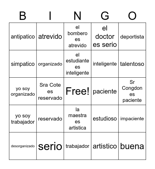 Characteristics used with the verb ser (to be) Bingo Card