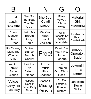 80's Ladies Bingo Card