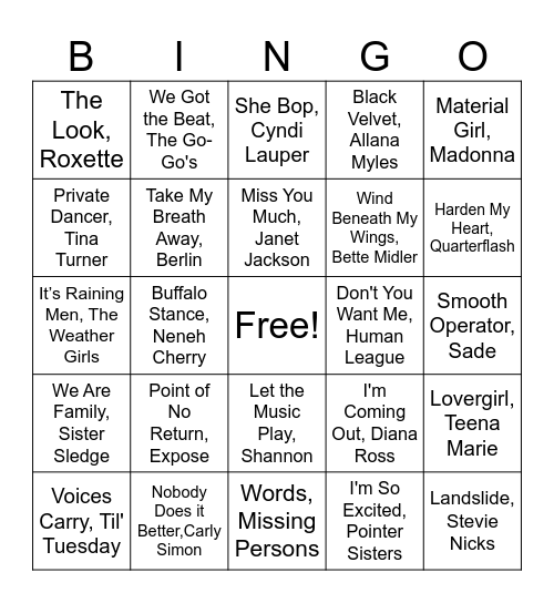 80's Ladies Bingo Card