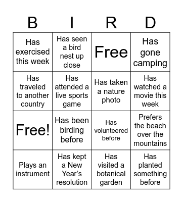 Audubon Bird Bingo Card