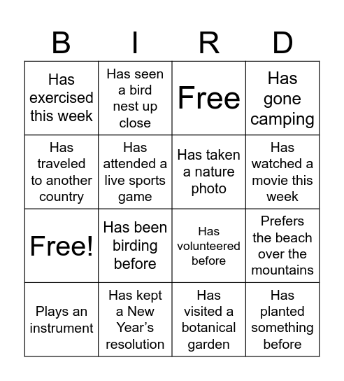 Audubon Bird Bingo Card