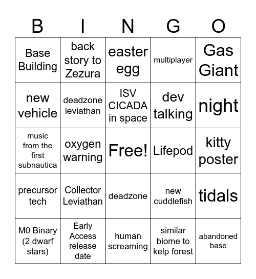 Subnautica 2 Early Access Cinematic Trailer Bingo Card
