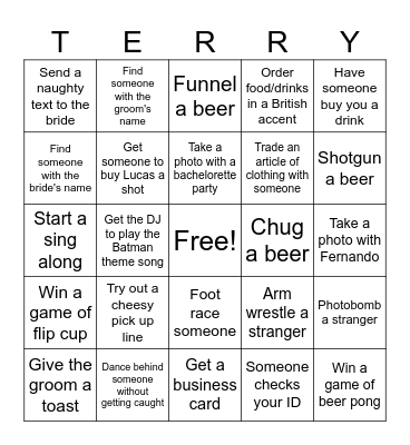 Bachelor Party Bingo Card