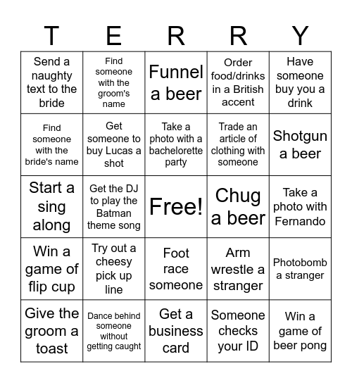 Bachelor Party Bingo Card