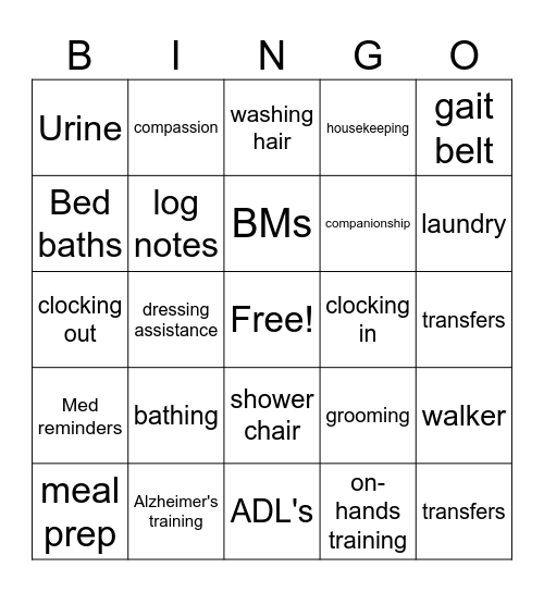Caregiver Bingo Card
