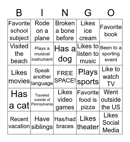 What do YOU Like? Bingo Card
