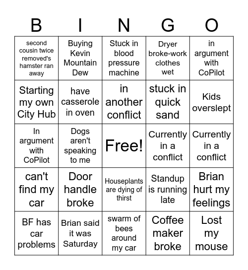 Aaron's Work Excuses Bingo Card